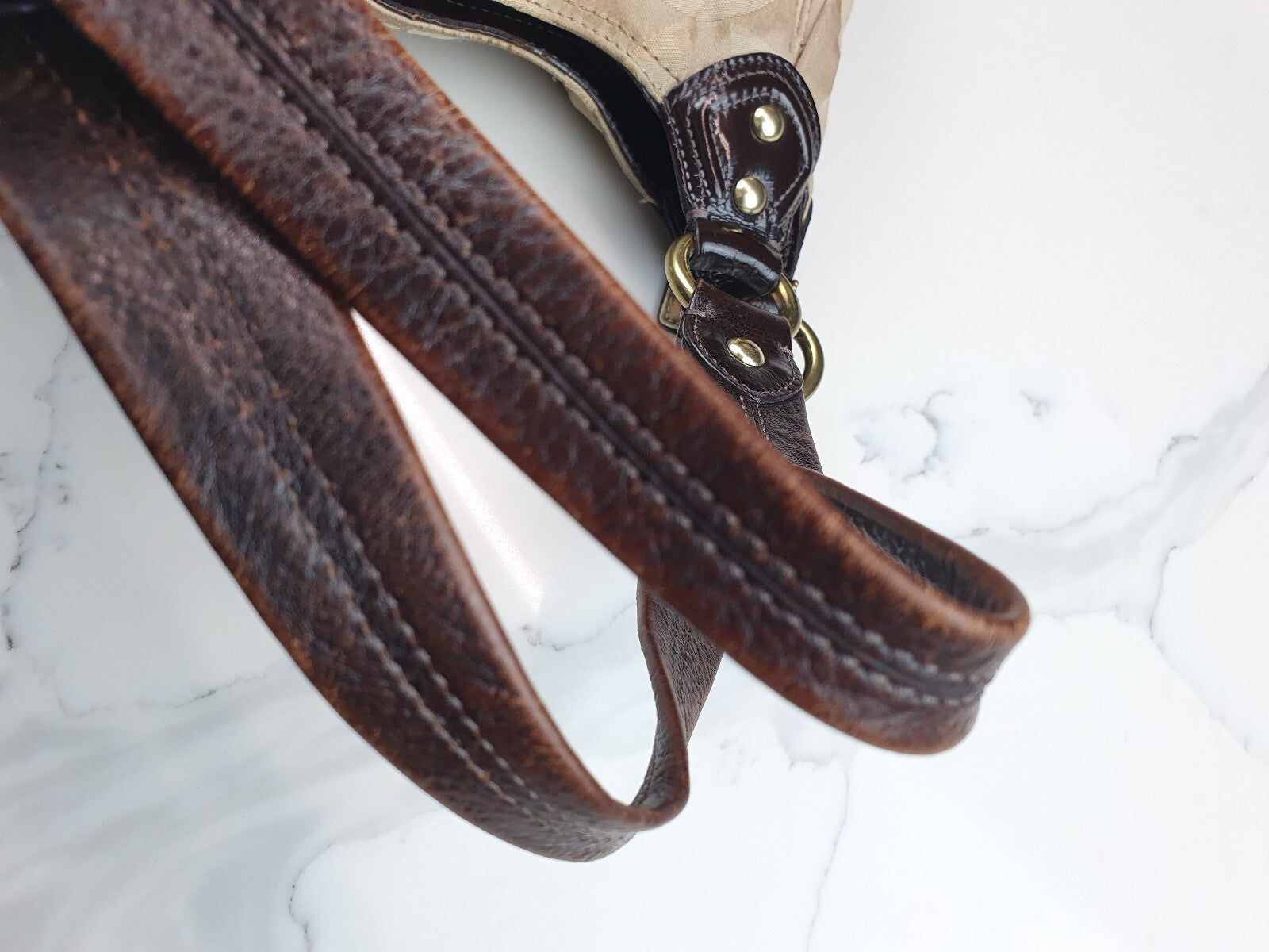 Coach Vintage Beige Signature Shoulder Bag with Brown Leather Handles