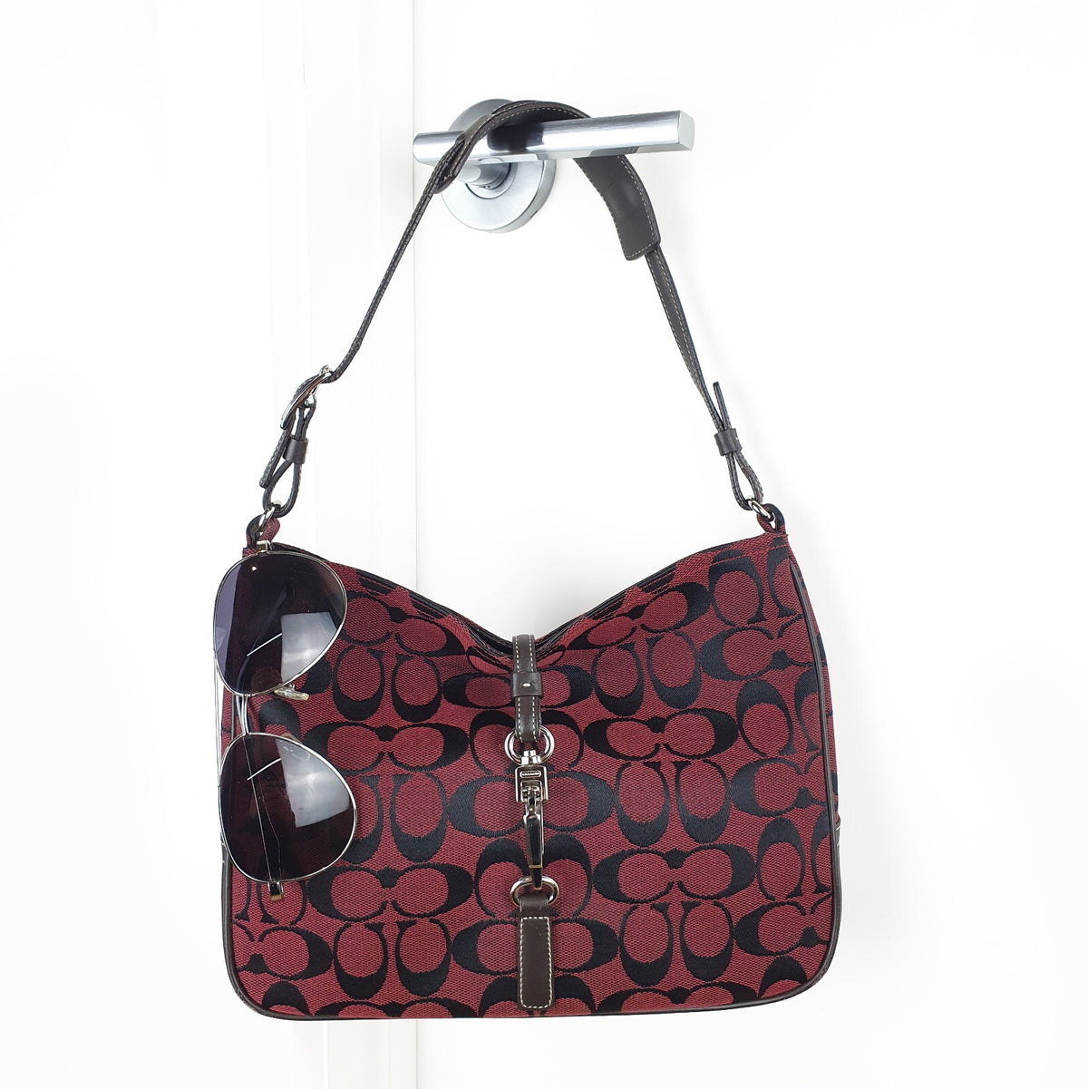 Coach Signature Canvas Shoulder Bag in Burgundy and Black