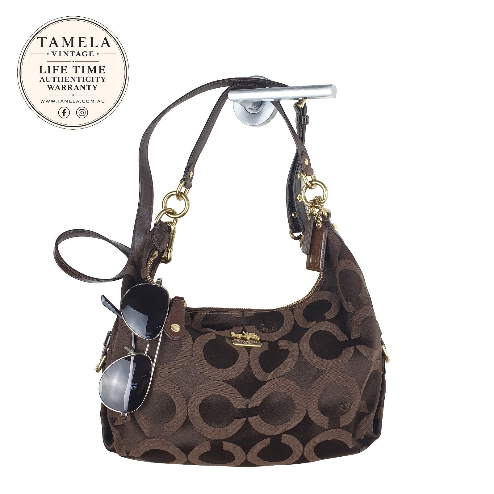 Coach Brown Signature Jacquard Hobo Shoulder Bag with Leather Trim