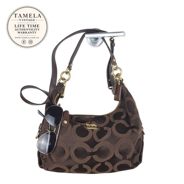Coach Brown Signature Jacquard Hobo Shoulder Bag with Leather Trim