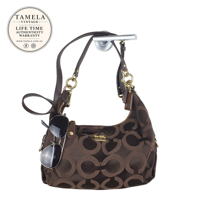 Coach Brown Signature Jacquard Hobo Shoulder Bag with Leather Trim