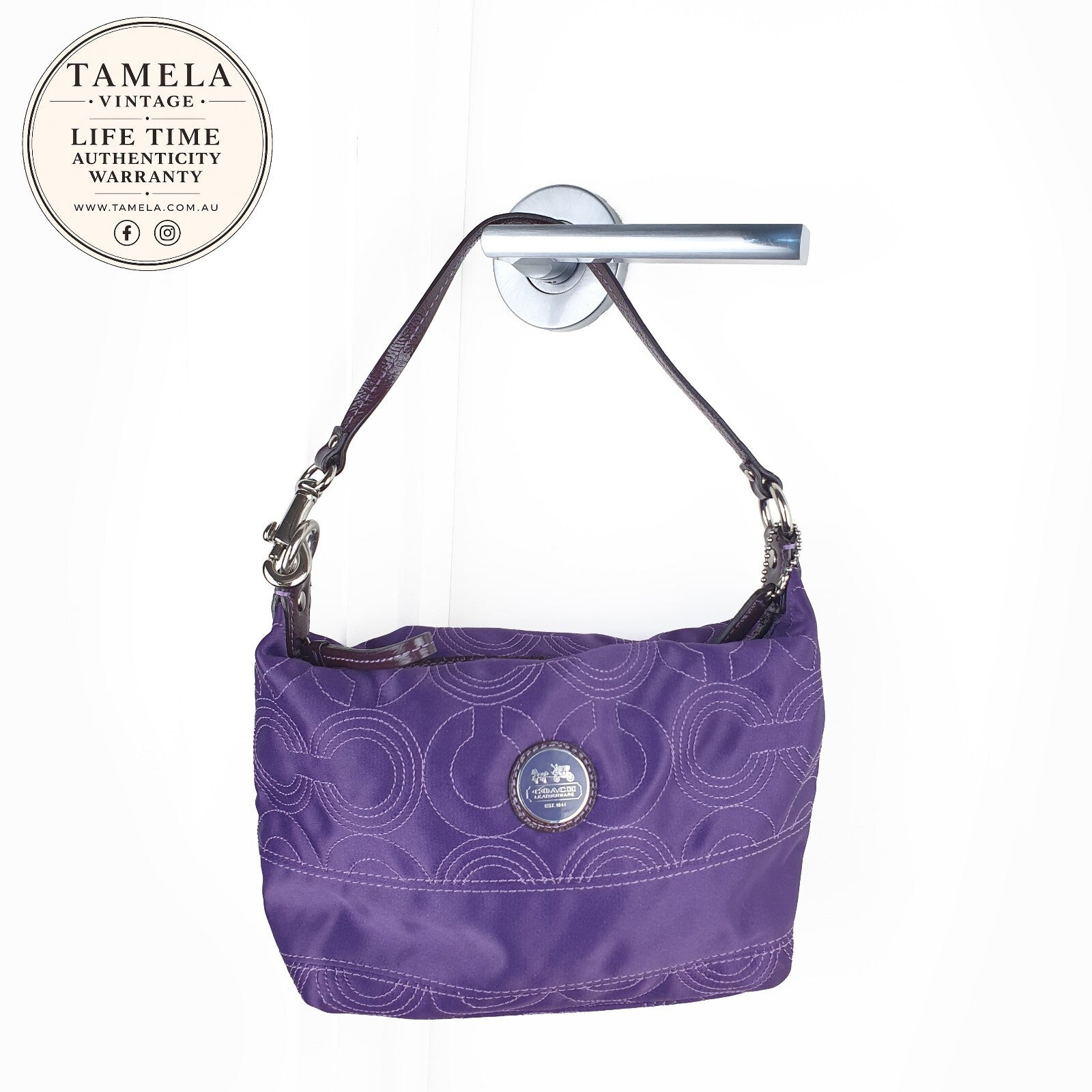 Coach Purple Quilted Nylon Shoulder Bag with Leather Strap