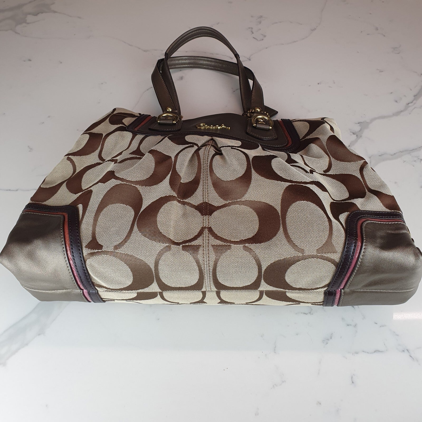 Authentic Ultra Rare Coach Ashley Khaki Rose Multi Signature Satchel Metallic