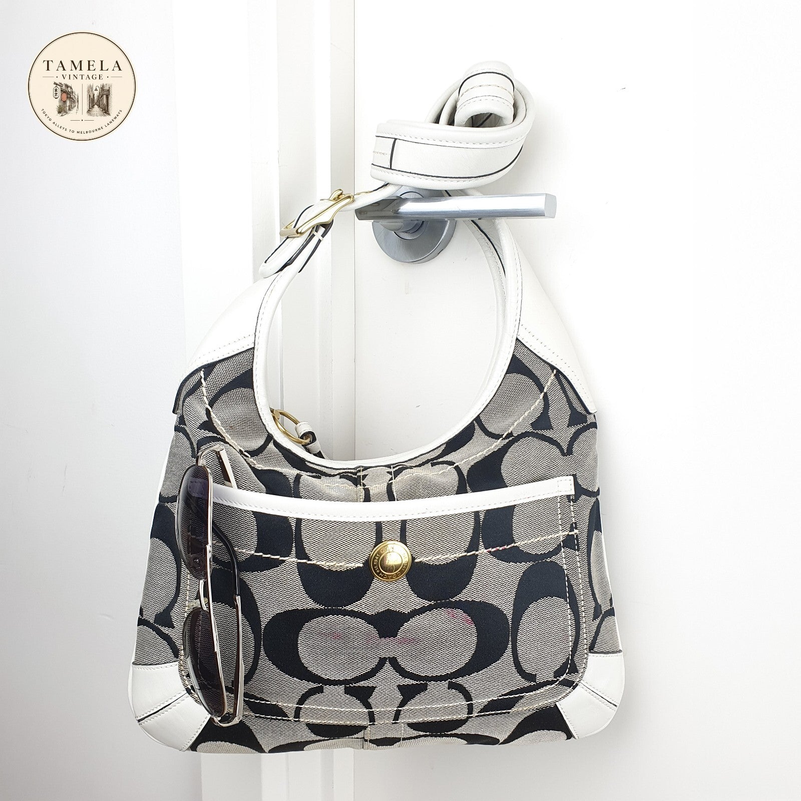 Coach Signature Canvas and White Leather Hobo Shoulder Bag
