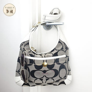 Coach Signature Canvas and White Leather Hobo Shoulder Bag