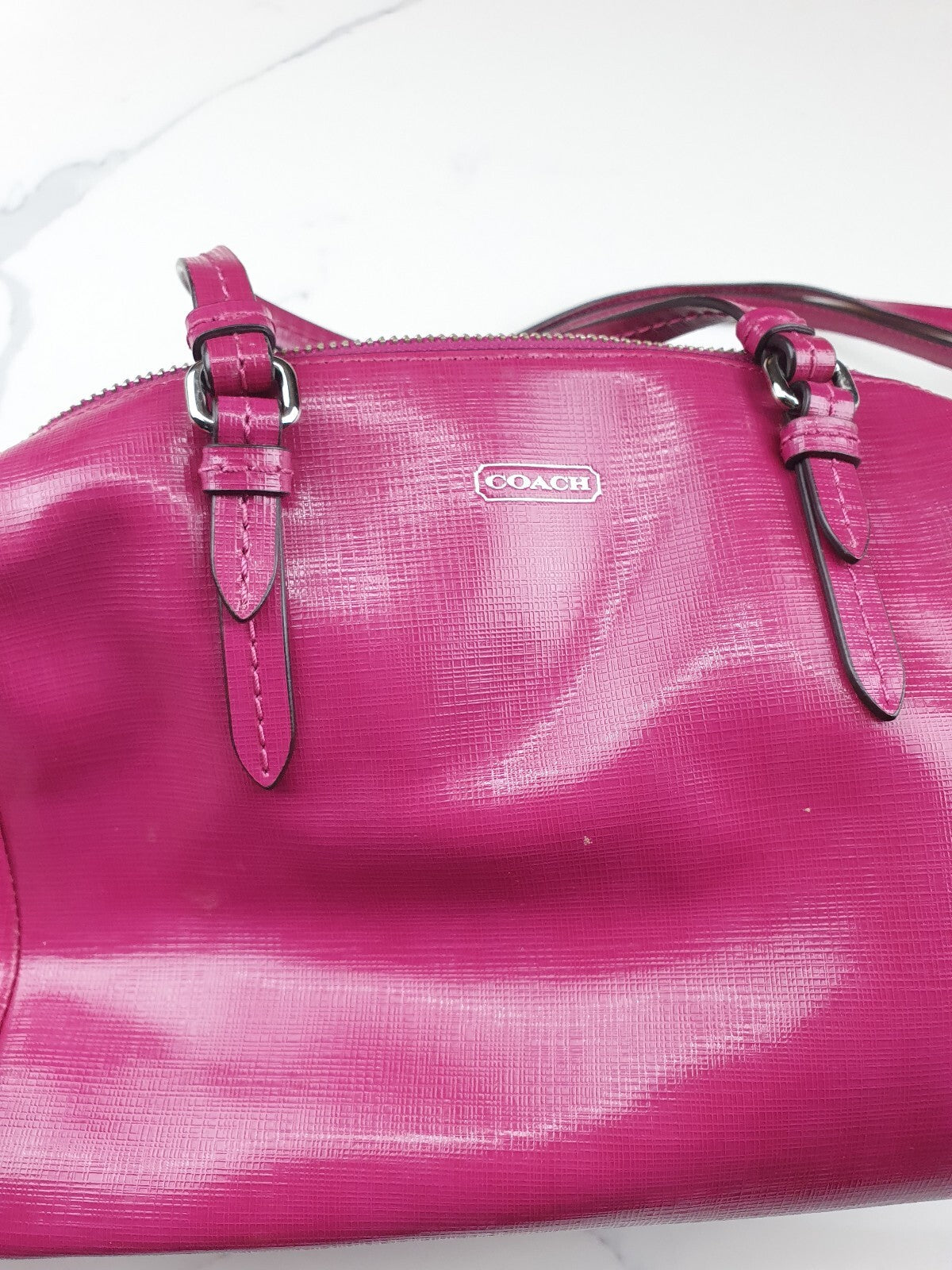 Coach Peyton Mini Bennet Fuschia Patent Leather Crossbody Satchel