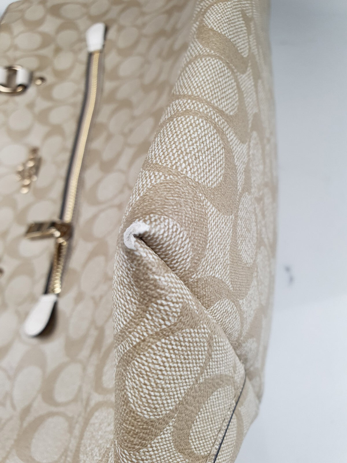 Coach Beige Signature Canvas Tote Bag with White Leather Straps