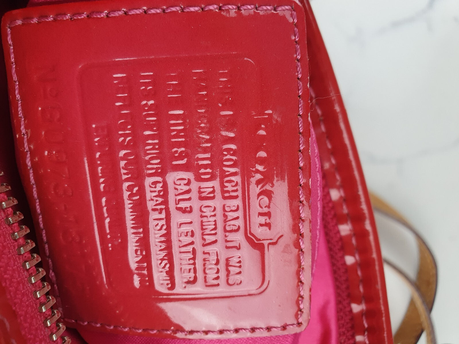 Coach Red Patent Leather Signature Tote Bag with Tan Straps