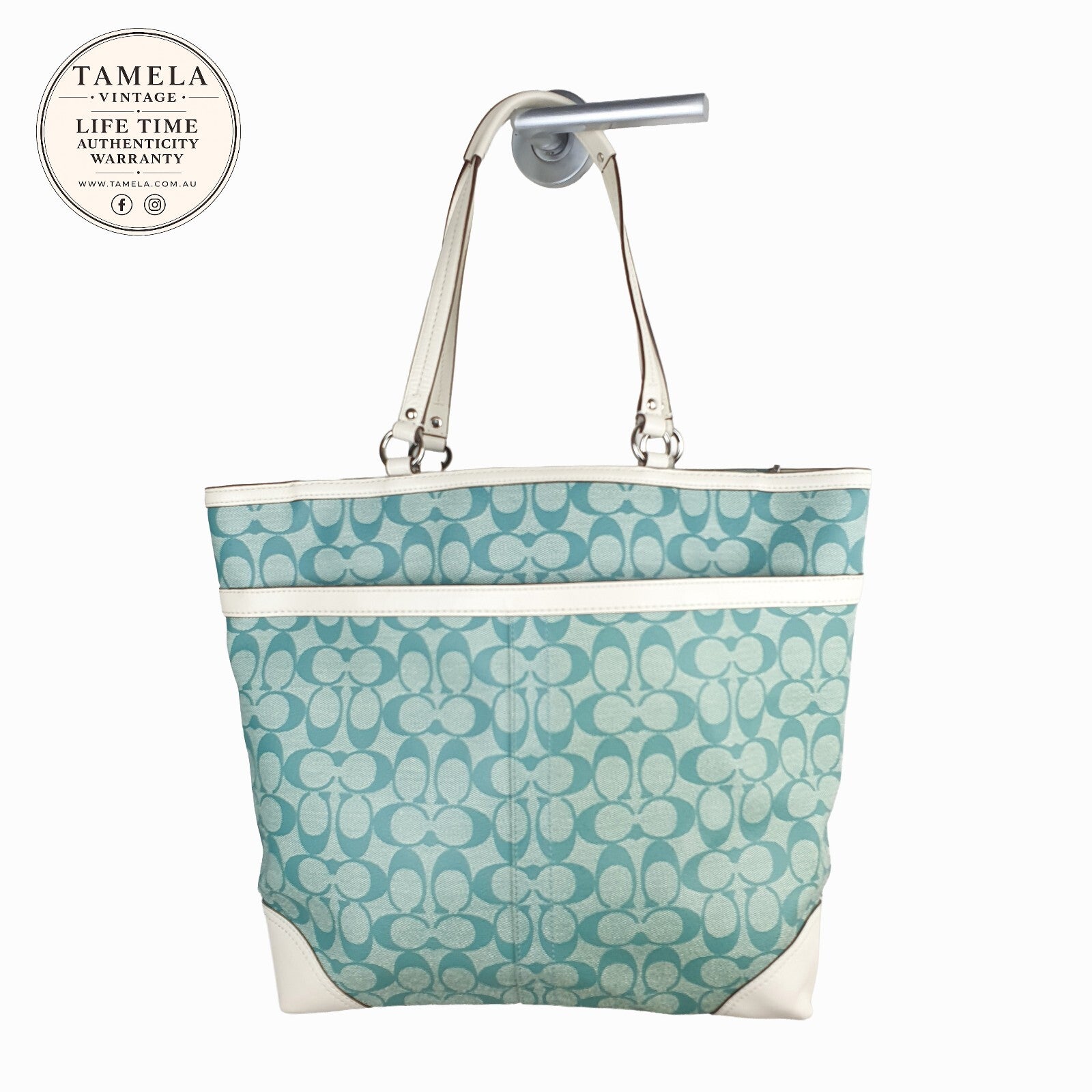 Coach Signature Canvas Tote Bag with Leather Trim in Blue and White