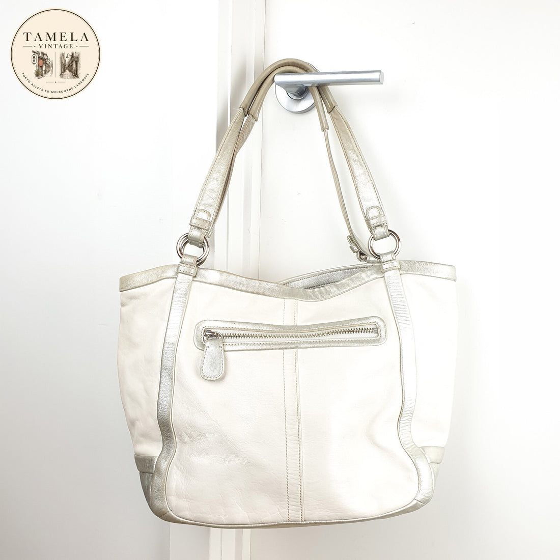 White and Silver Genuine Leather Shoulder Bag