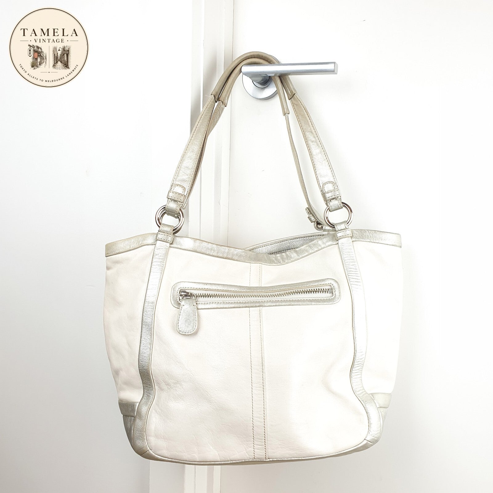 White and Silver Genuine Leather Shoulder Bag