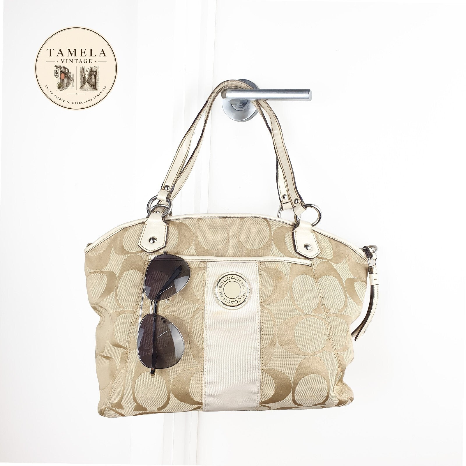 Coach Signature Canvas Tote Bag in Beige and Cream