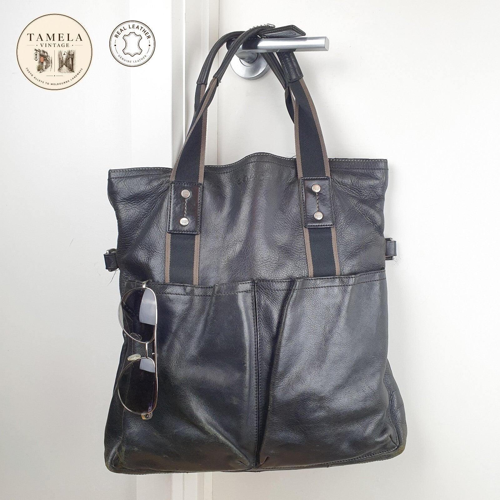 Coach Vintage Genuine Black Leather Tote Bag with Dual Front Pockets