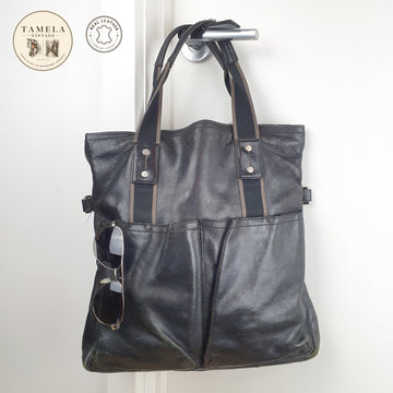 Coach Vintage Genuine Black Leather Tote Bag with Dual Front Pockets