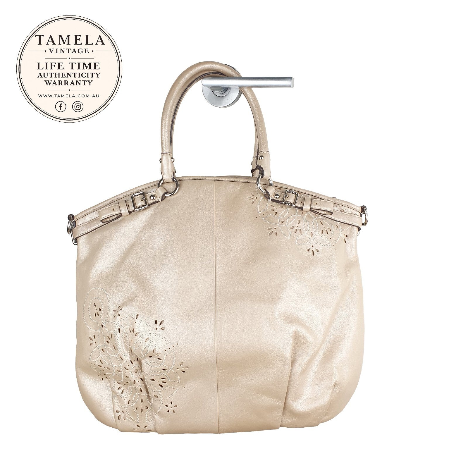 Coach Beige Leather Tote Bag with Floral Cutout Design