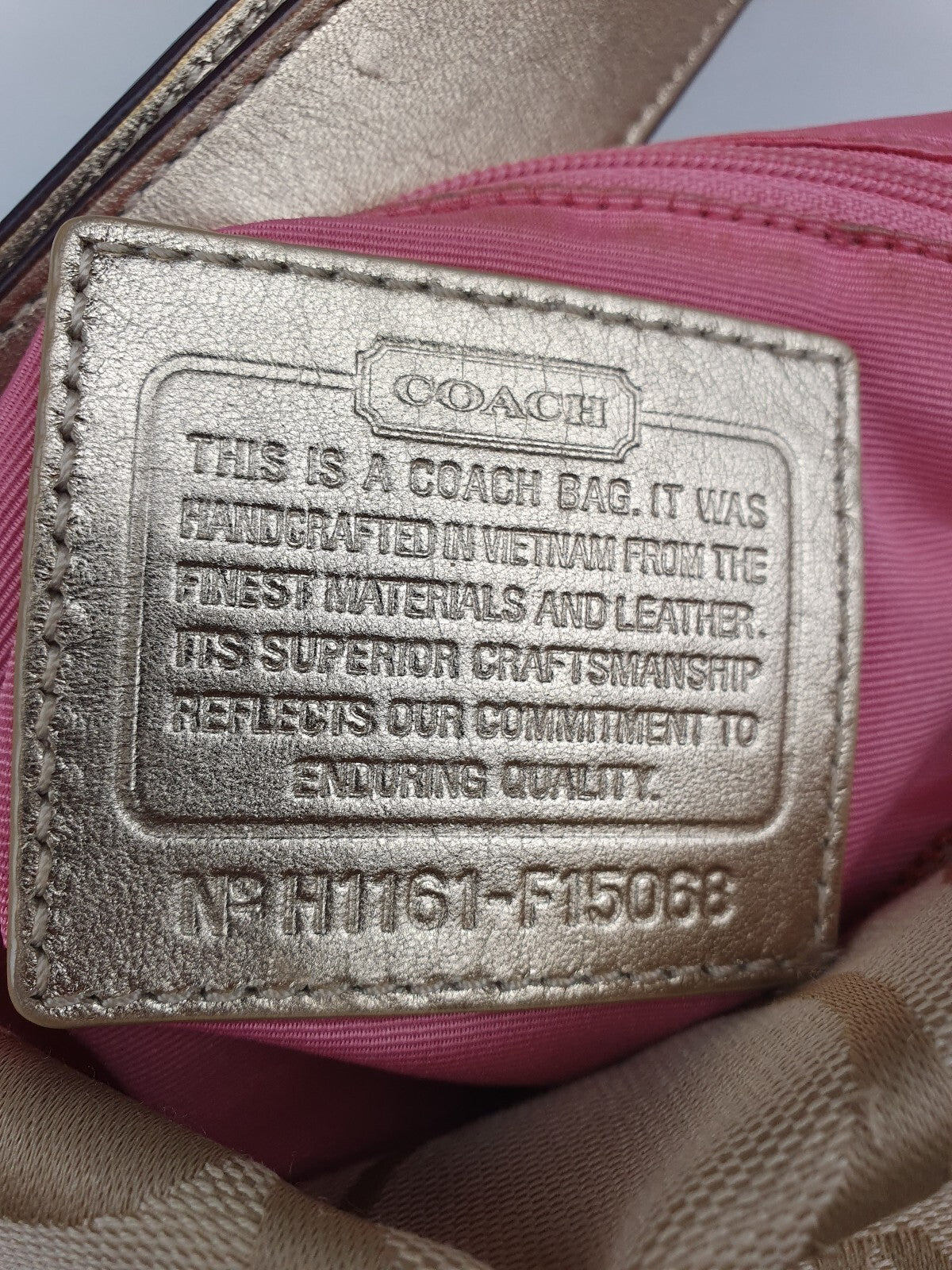Coach Beige Signature Canvas Shoulder Bag with Gold Leather Strap