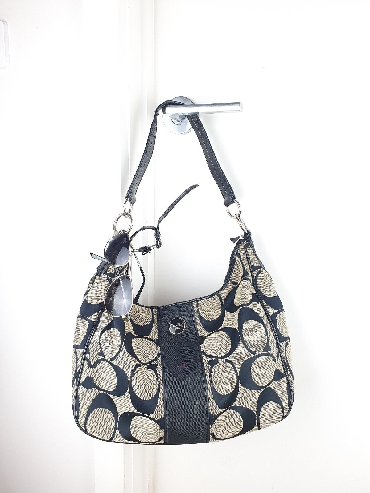 Authentic Coach 2Way Signature Strip Large Hobo Shoulder Bag Beige/Black