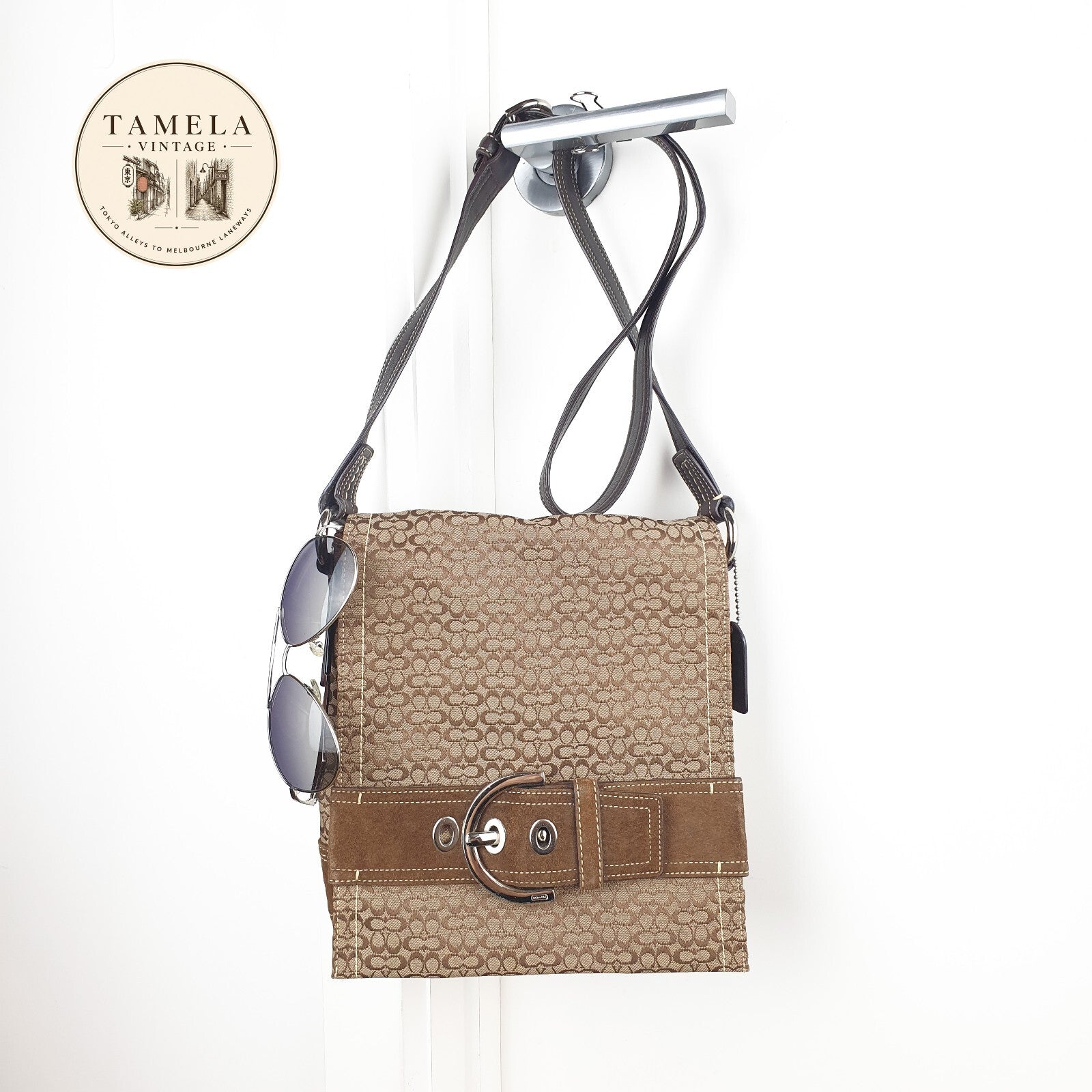 Coach Brown Signature Canvas Crossbody Bag with Suede Trim and Buckle Detail