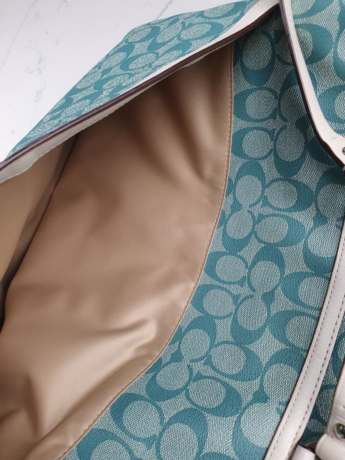 Coach Signature Canvas Tote Bag with Leather Trim in Blue and White