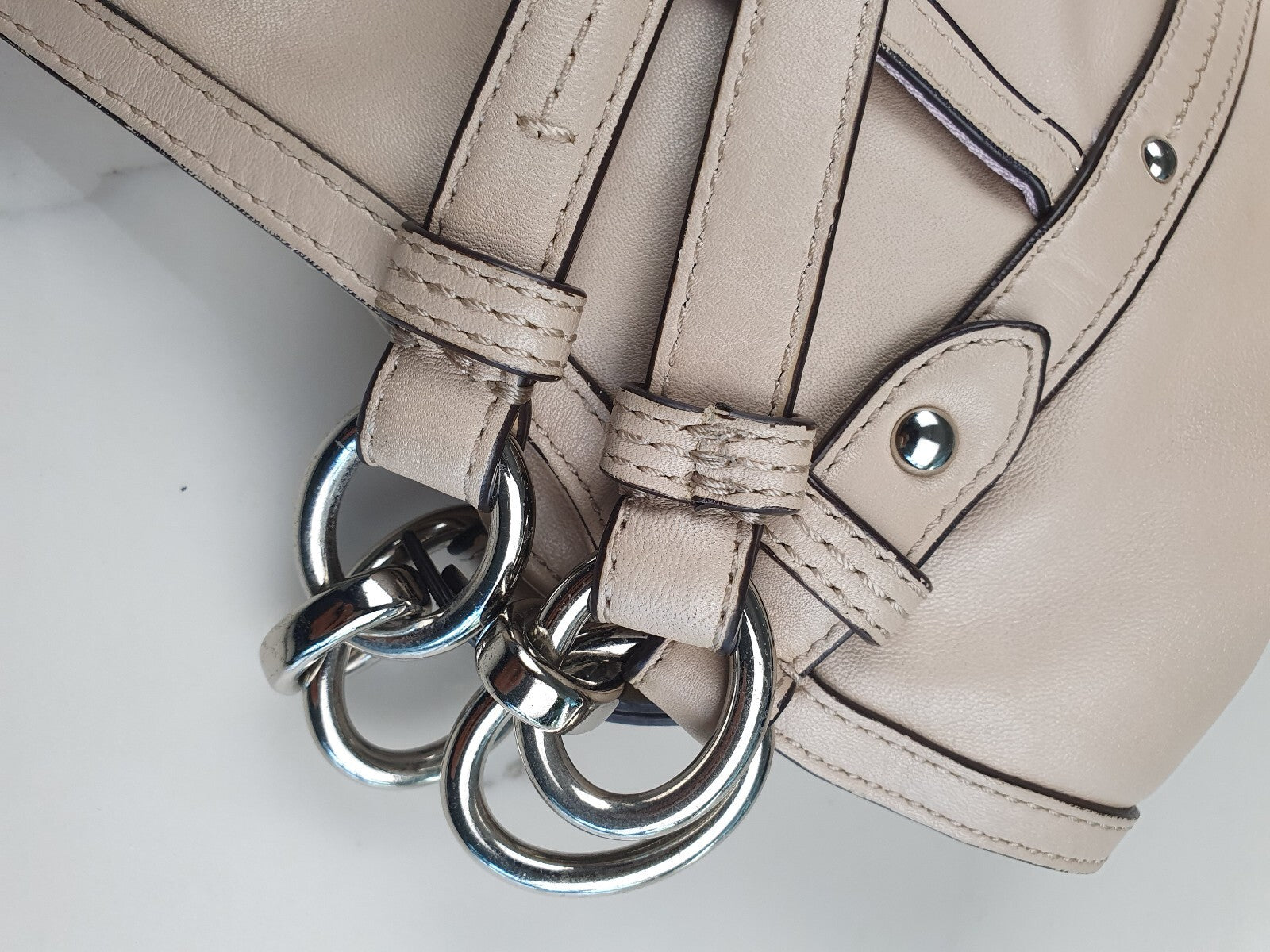 Coach Beige Leather Shoulder Bag with Silver Hardware