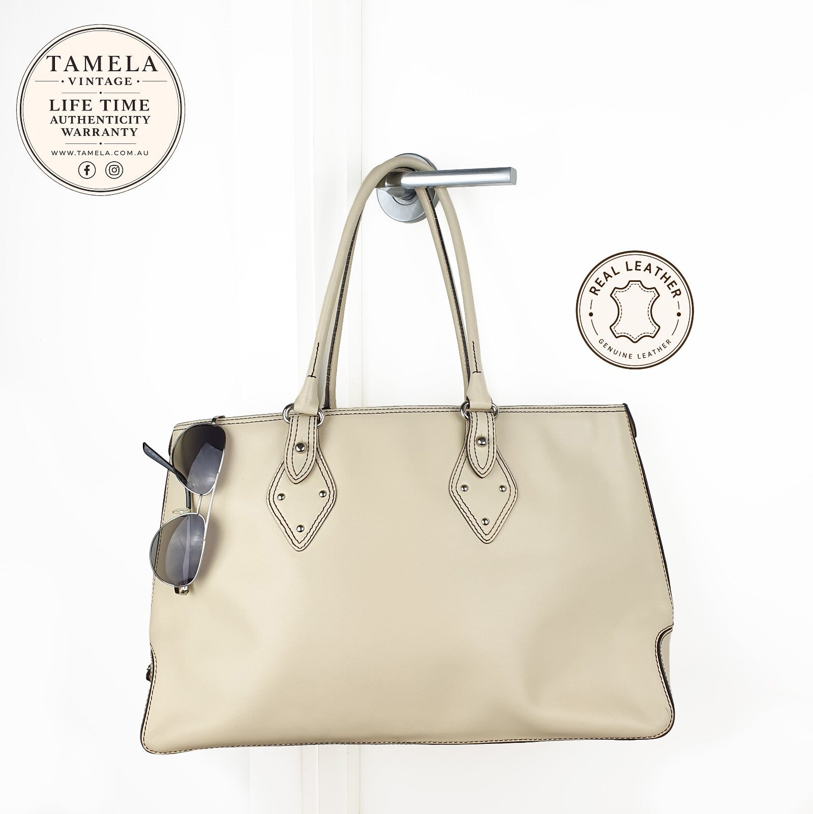 Cole Haan Beige Genuine Leather Tote Bag