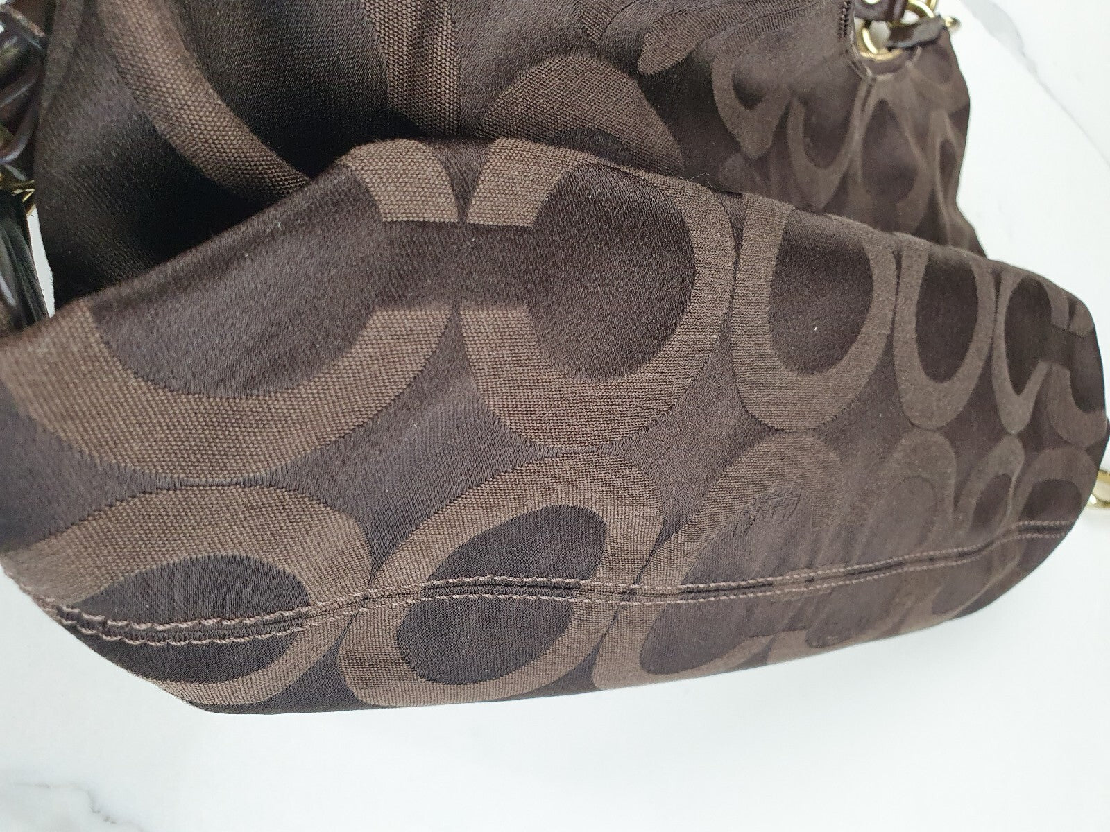 Coach Brown Signature Jacquard Hobo Shoulder Bag with Leather Trim