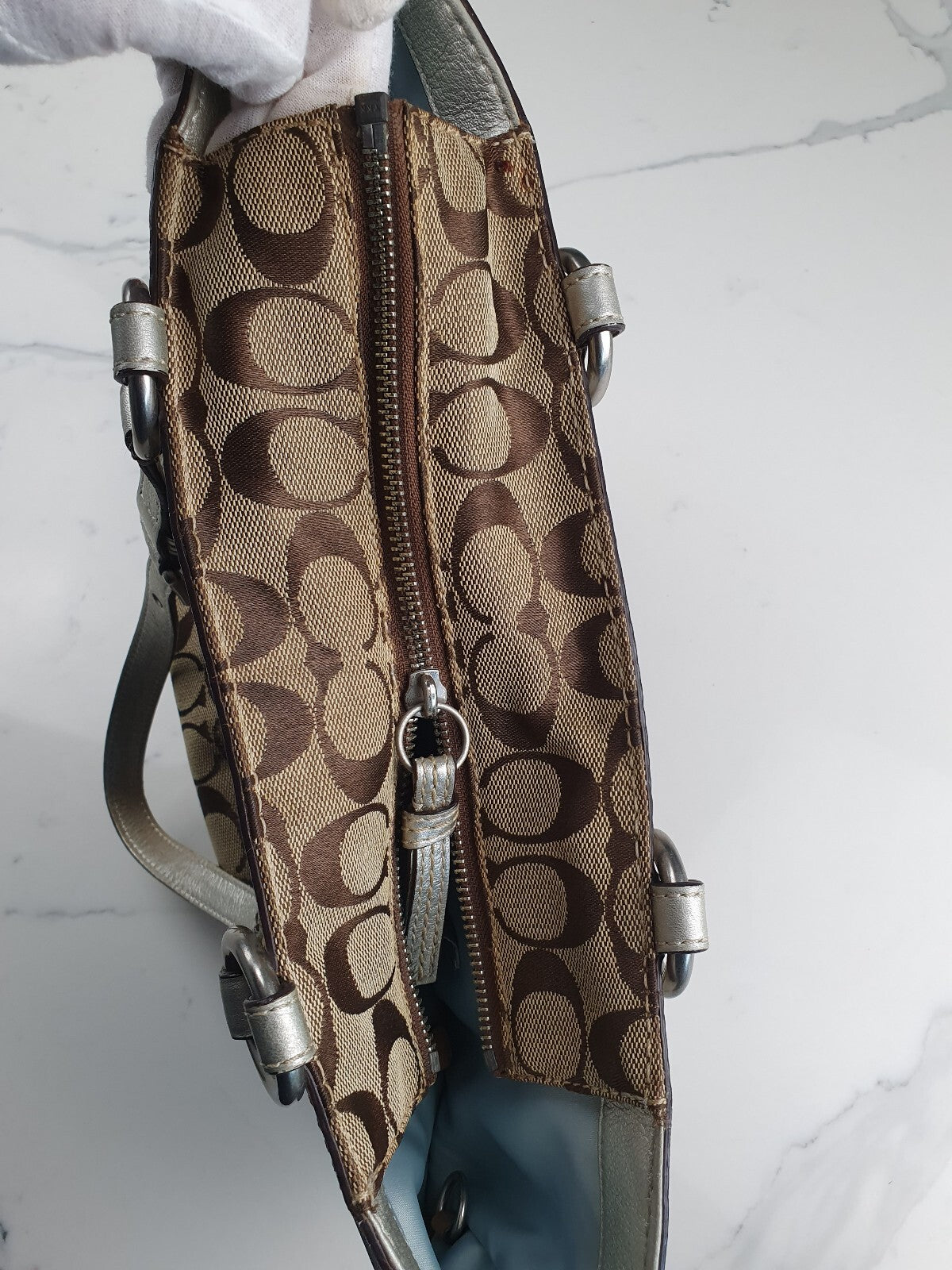 Coach Signature Canvas Tote Bag with Silver Leather Trim
