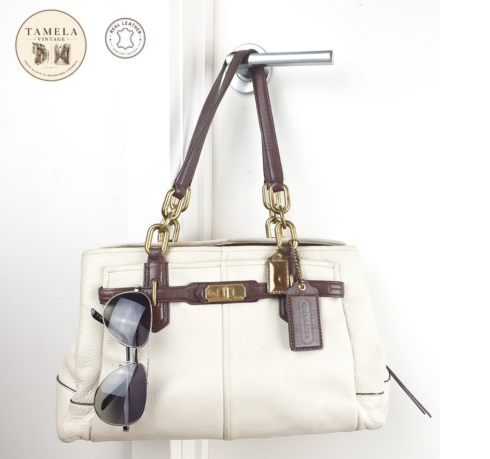 Coach Genuine Leather Handbag with Gold Hardware and Brown Strap