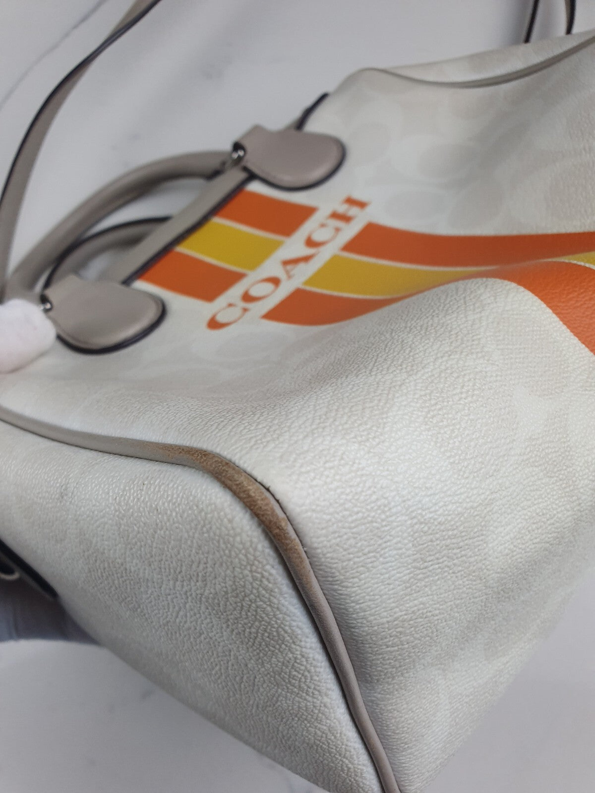 Coach Vintage White Leather Handbag with Orange and Yellow Stripe Detail
