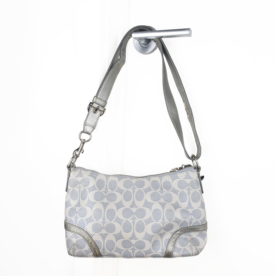 Coach Signature Canvas and Silver Leather Shoulder Bag