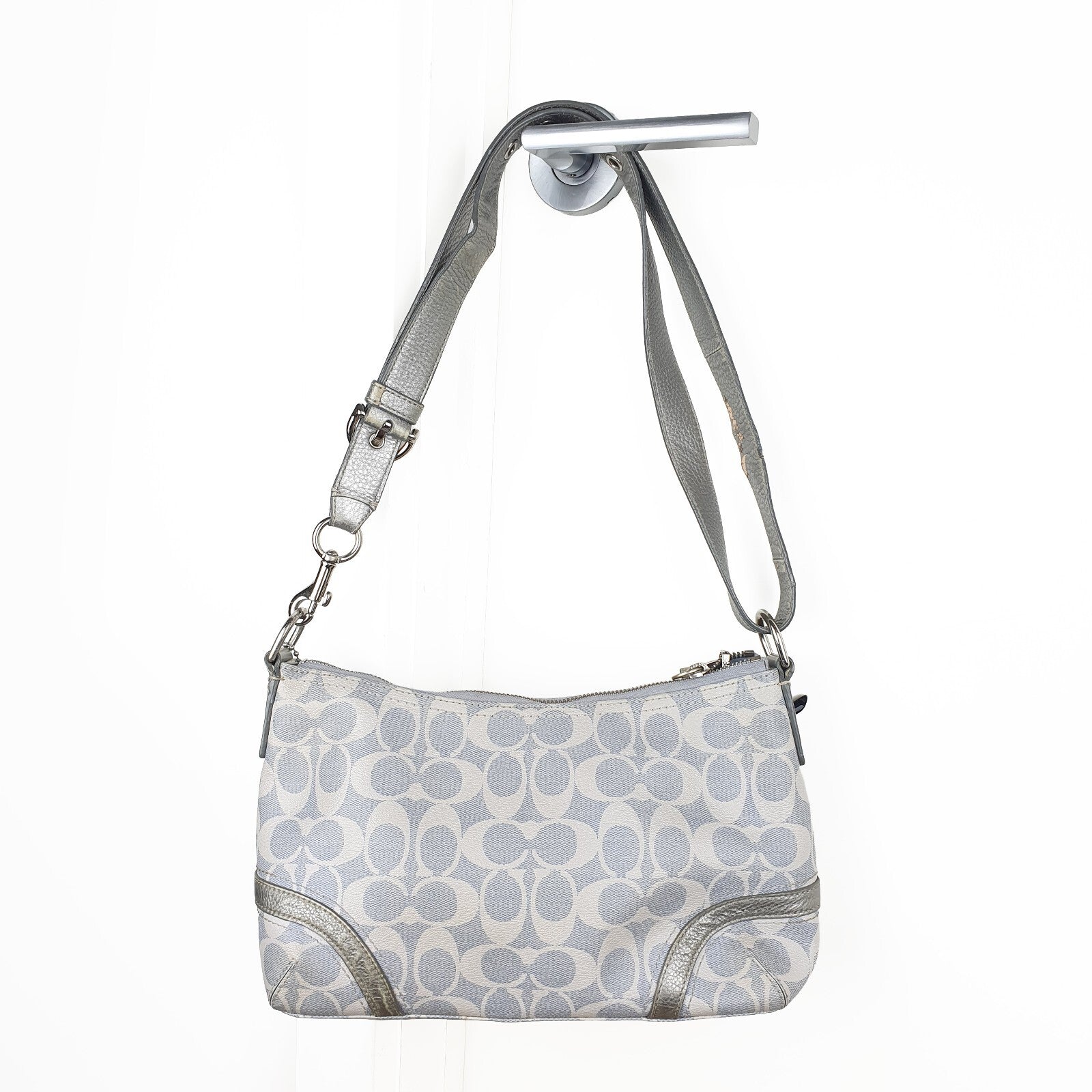 Coach Signature Canvas and Silver Leather Shoulder Bag