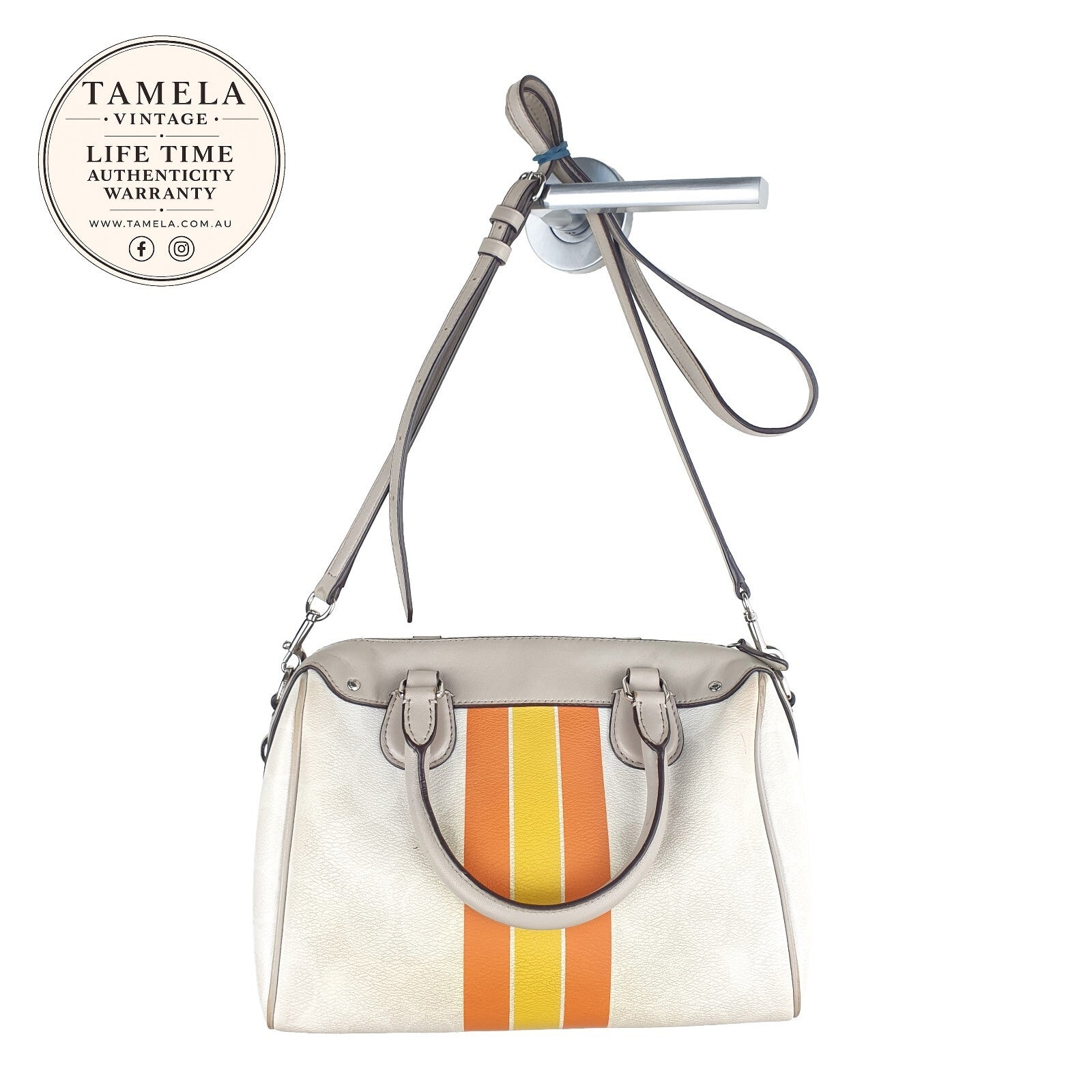 Coach Vintage White Leather Handbag with Orange and Yellow Stripe Detail