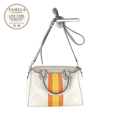 Coach Vintage White Leather Handbag with Orange and Yellow Stripe Detail