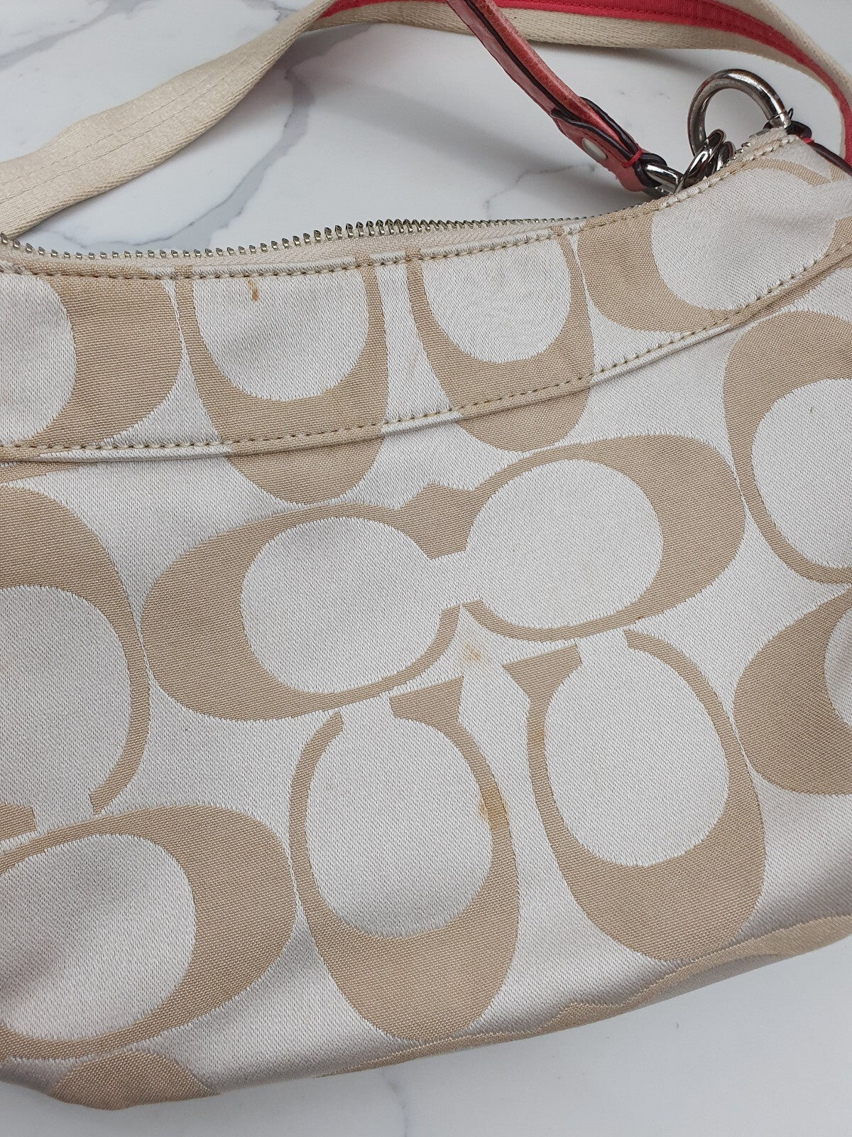 Coach Beige Signature Canvas Shoulder Bag with Coral Leather Trim