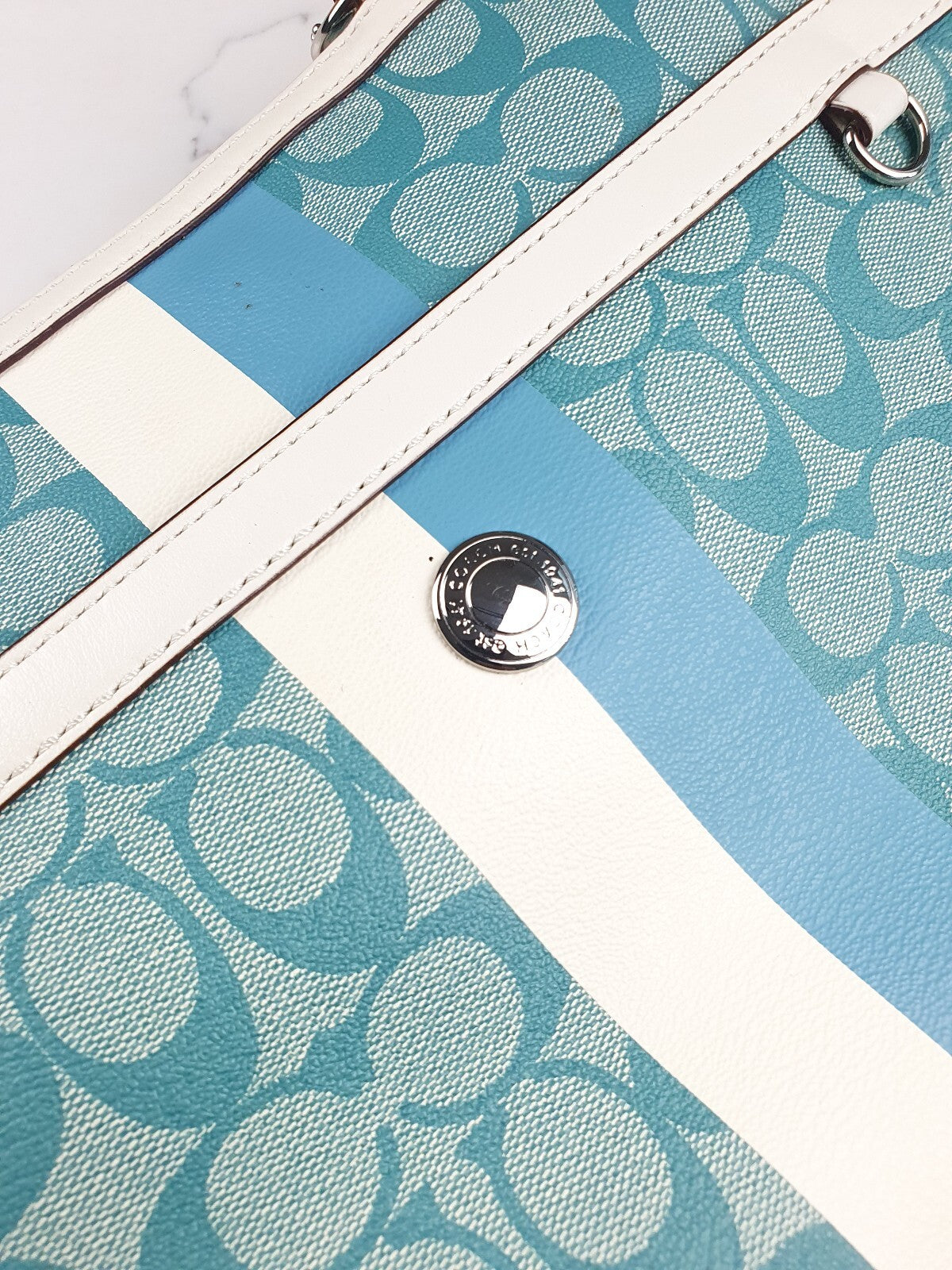 Coach Signature Canvas Tote Bag with Leather Trim in Blue and White
