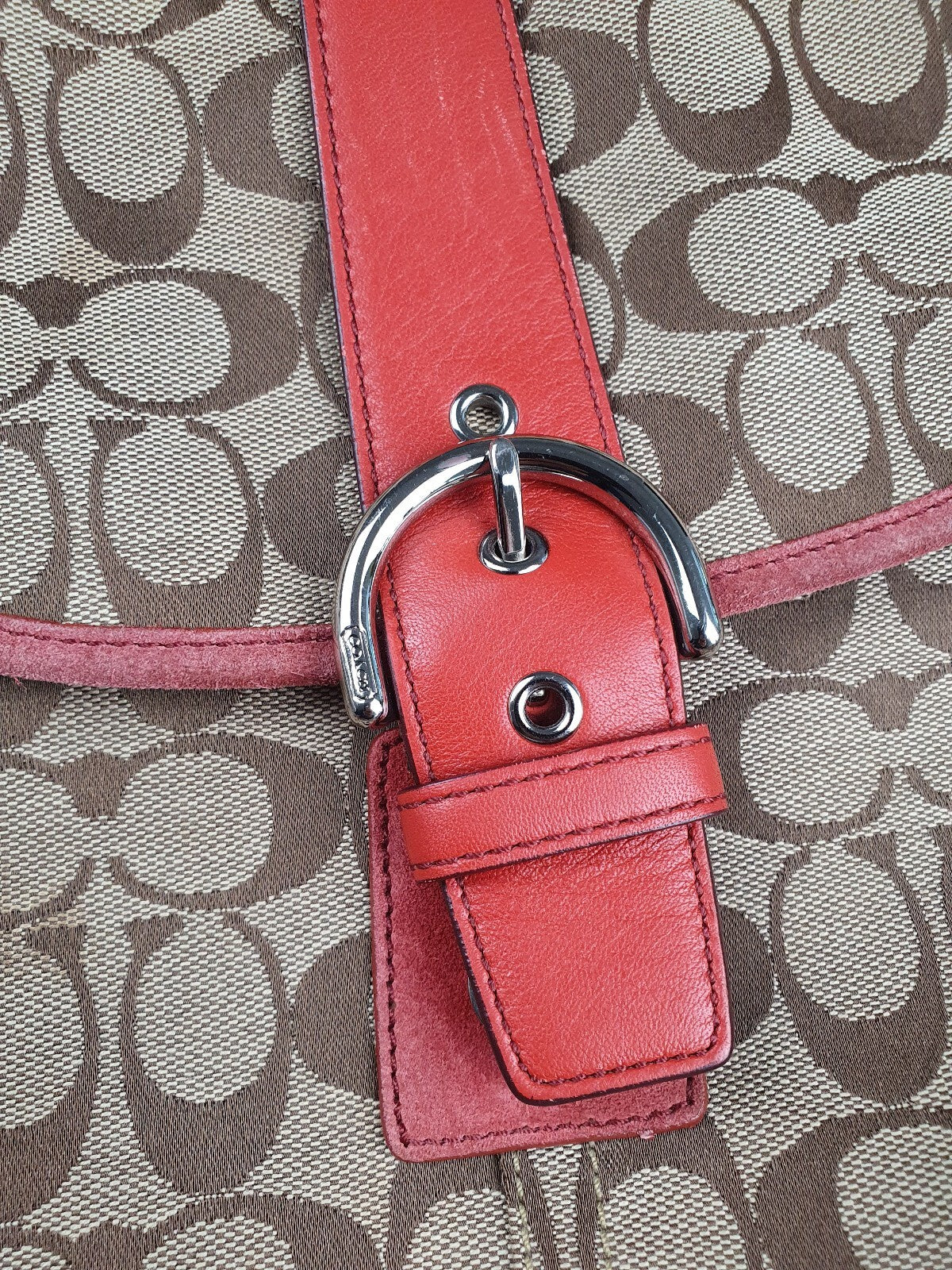 Coach Signature Canvas and Leather Shoulder Bag in Brown and Coral