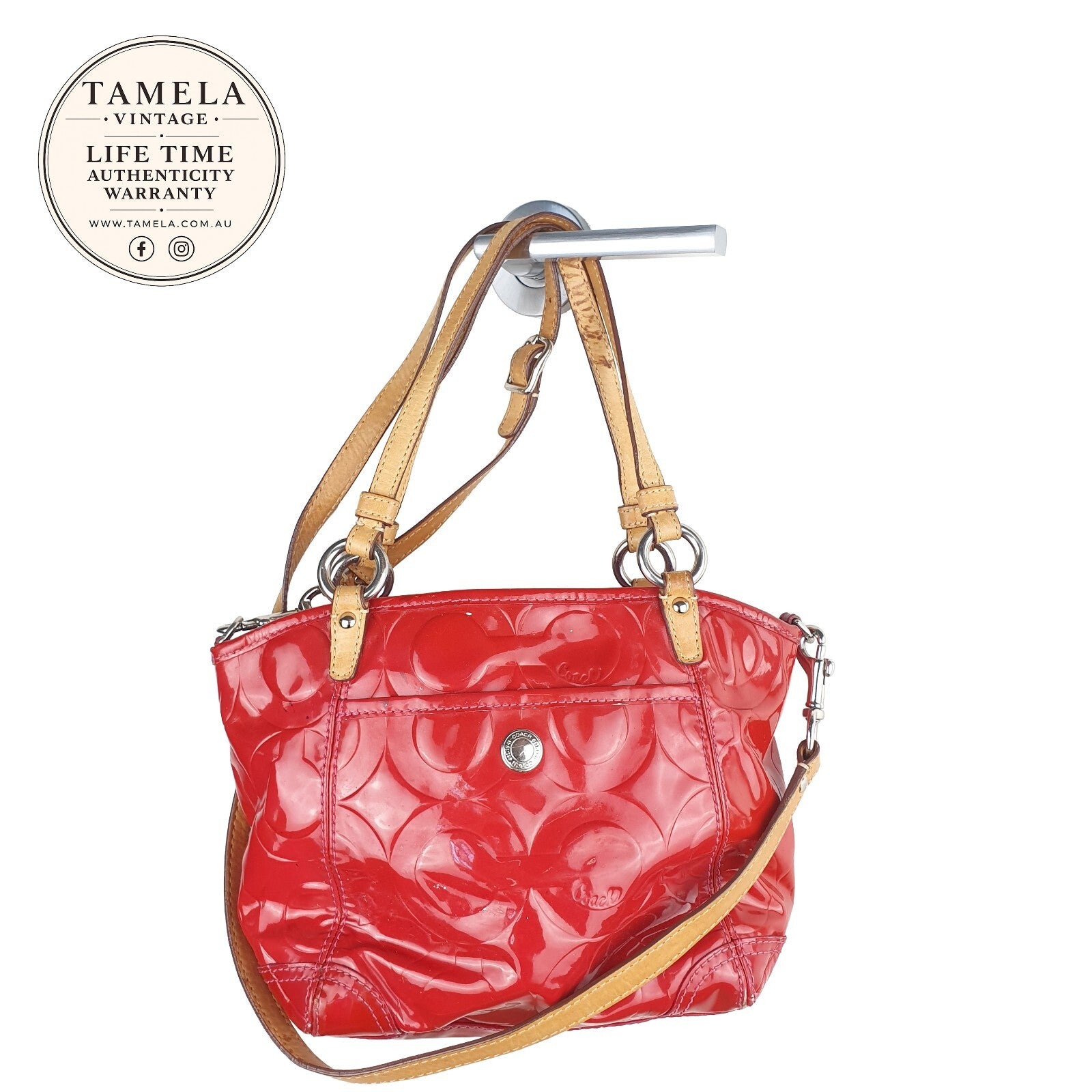 Coach Red Patent Leather Signature Tote Bag with Tan Straps