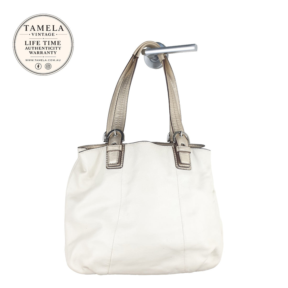 Coach White Leather Tote Bag with Metallic Gold Handles