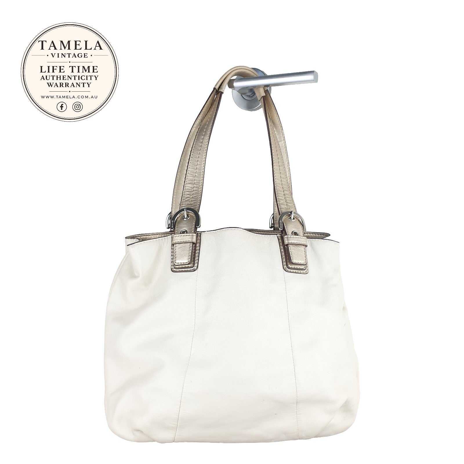 Coach White Leather Tote Bag with Metallic Gold Handles