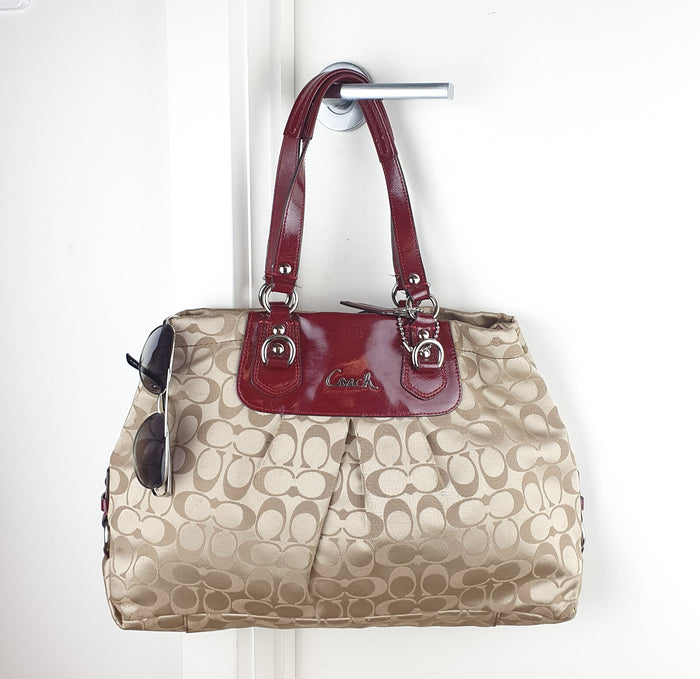 Coach Signature Canvas Tote Bag with Burgundy Patent Leather Trim