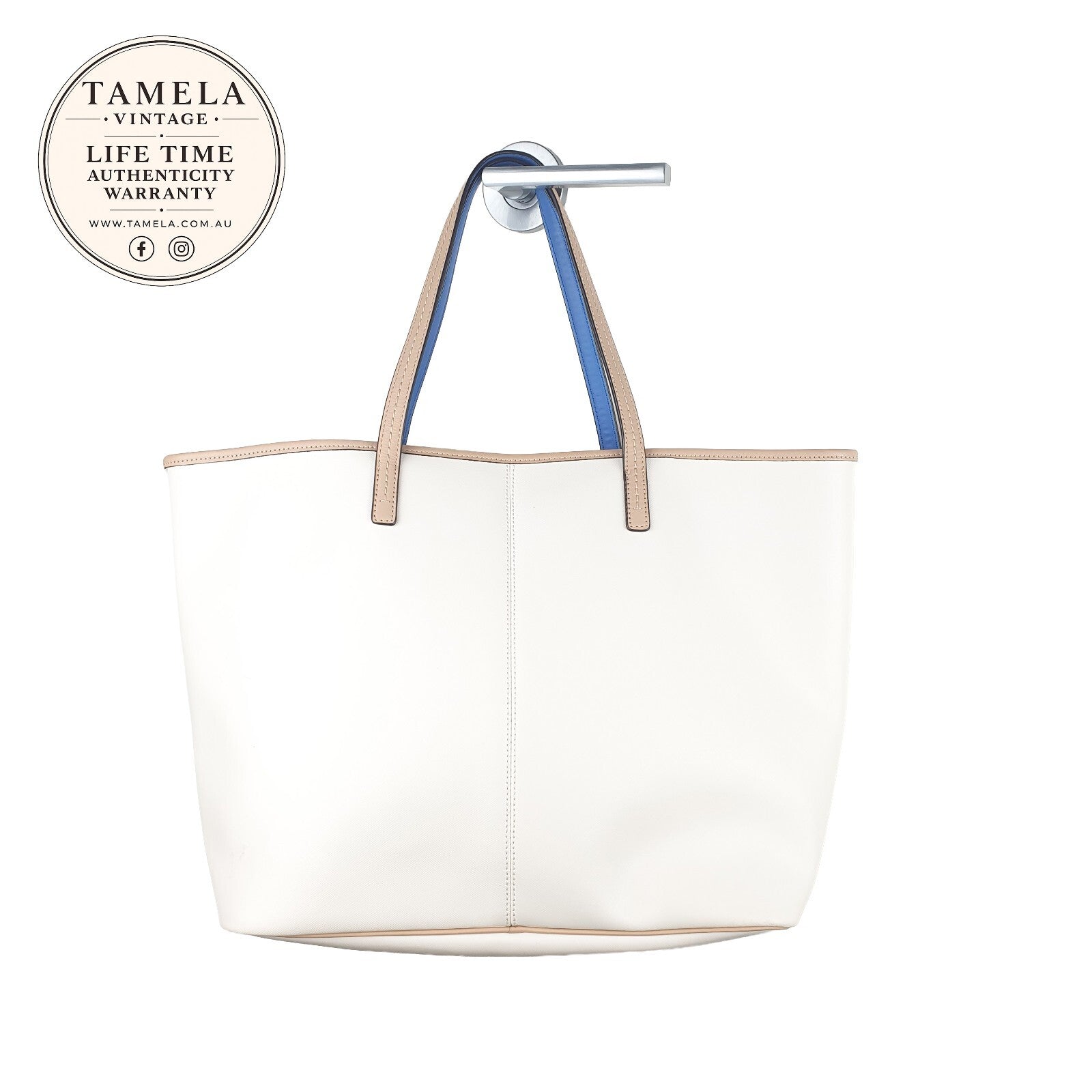 Coach Vintage White Tote Bag with Blue and Beige Handles