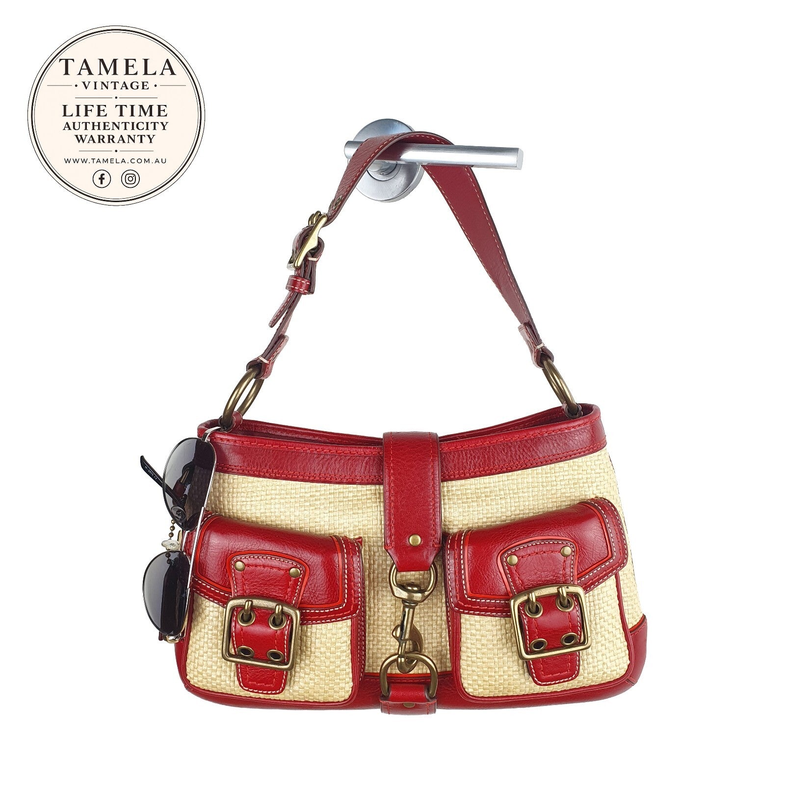 Coach Vintage Red Leather and Straw Shoulder Bag