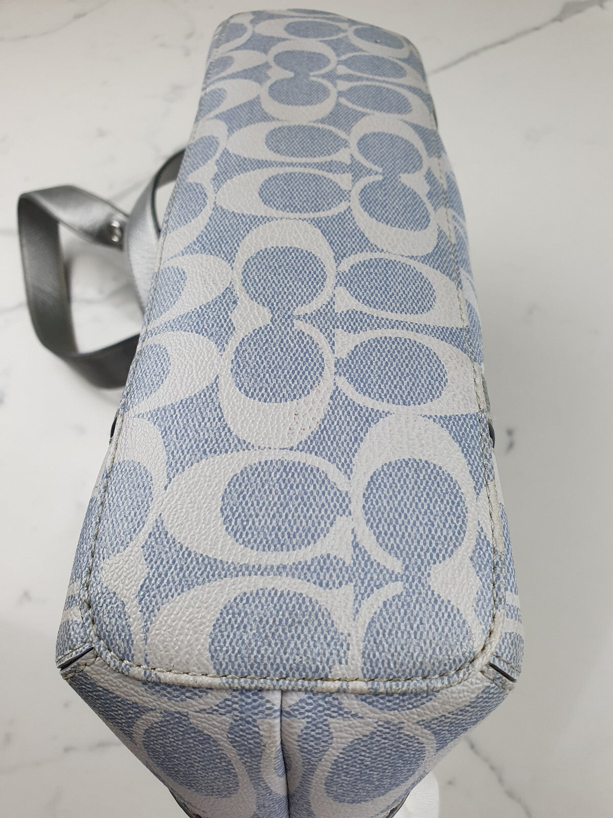 Coach Signature Canvas and Silver Leather Shoulder Bag