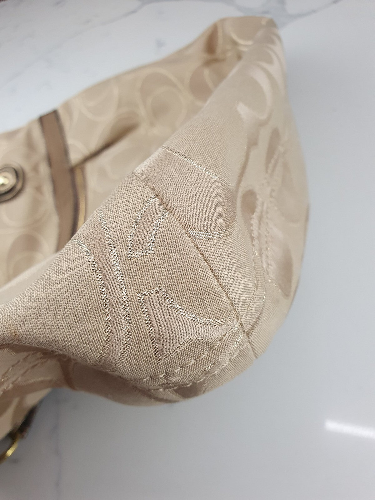 Coach Beige Signature Jacquard Tote Bag with Metallic Leather Handles