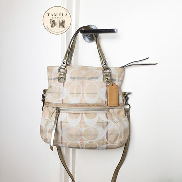 Coach Signature Canvas Tote Bag with Gold Leather Straps