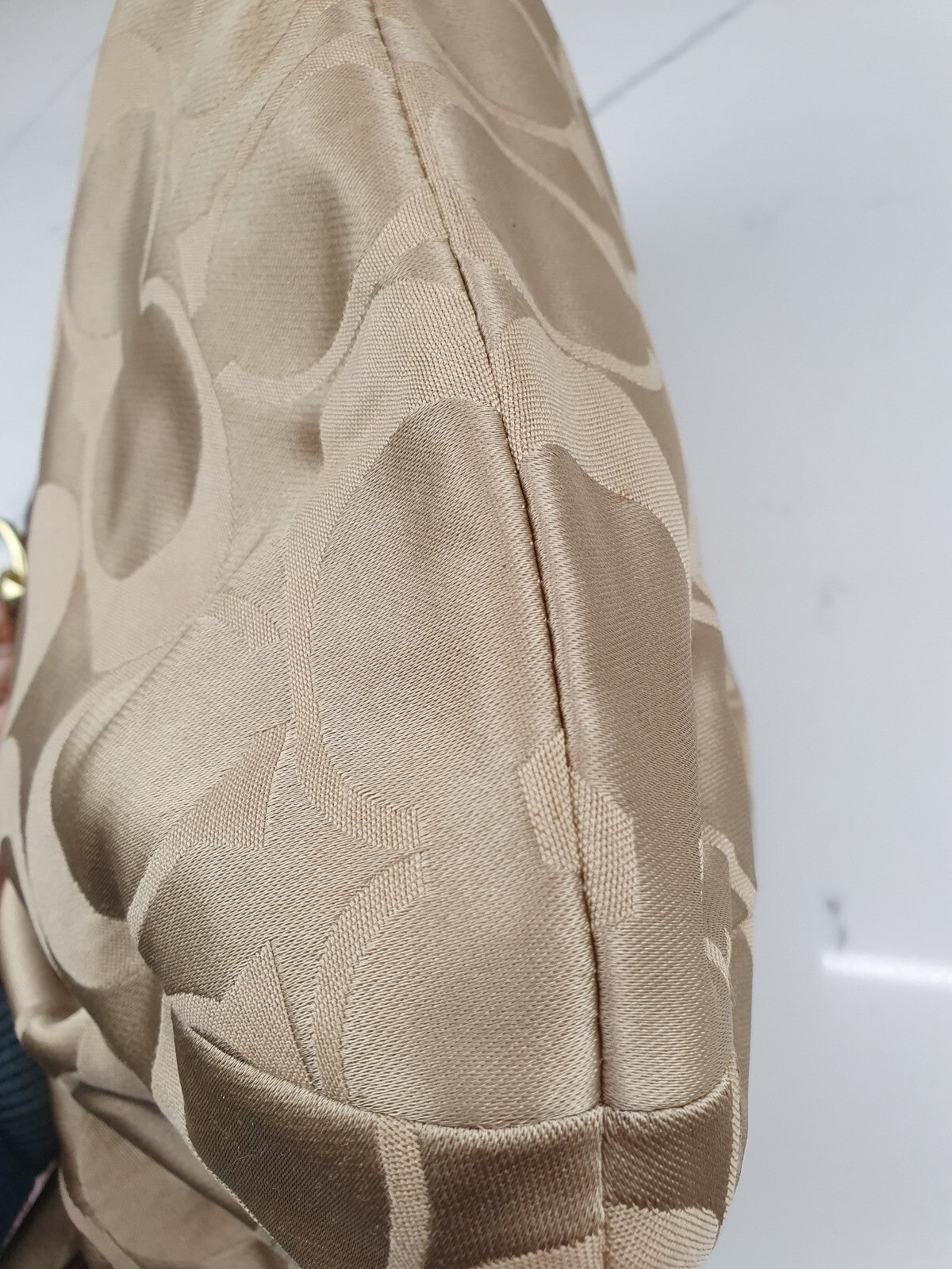 Coach Beige Signature Jacquard Shoulder Bag with Leather Trim
