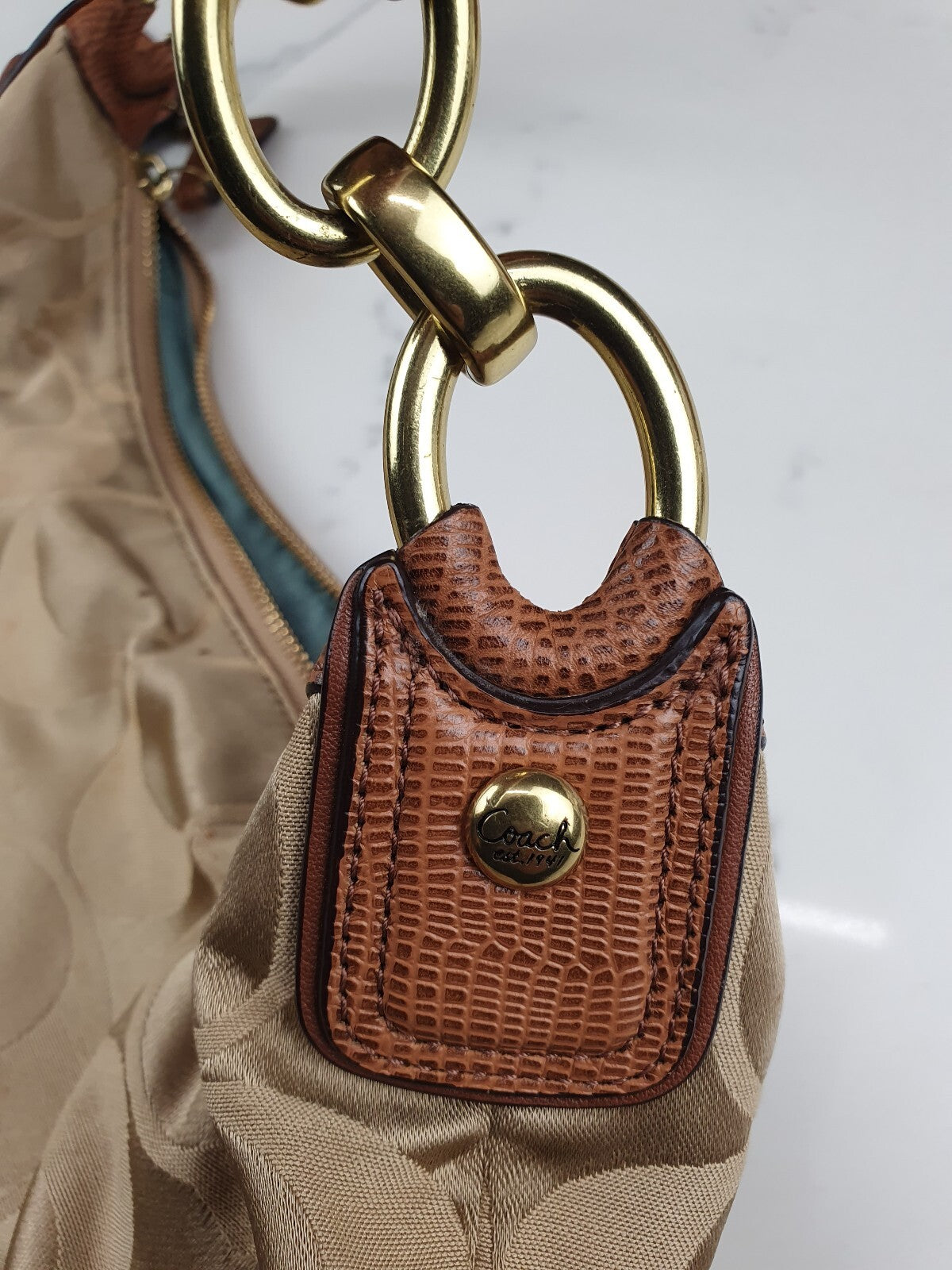 Coach Beige Signature Jacquard Shoulder Bag with Leather Trim