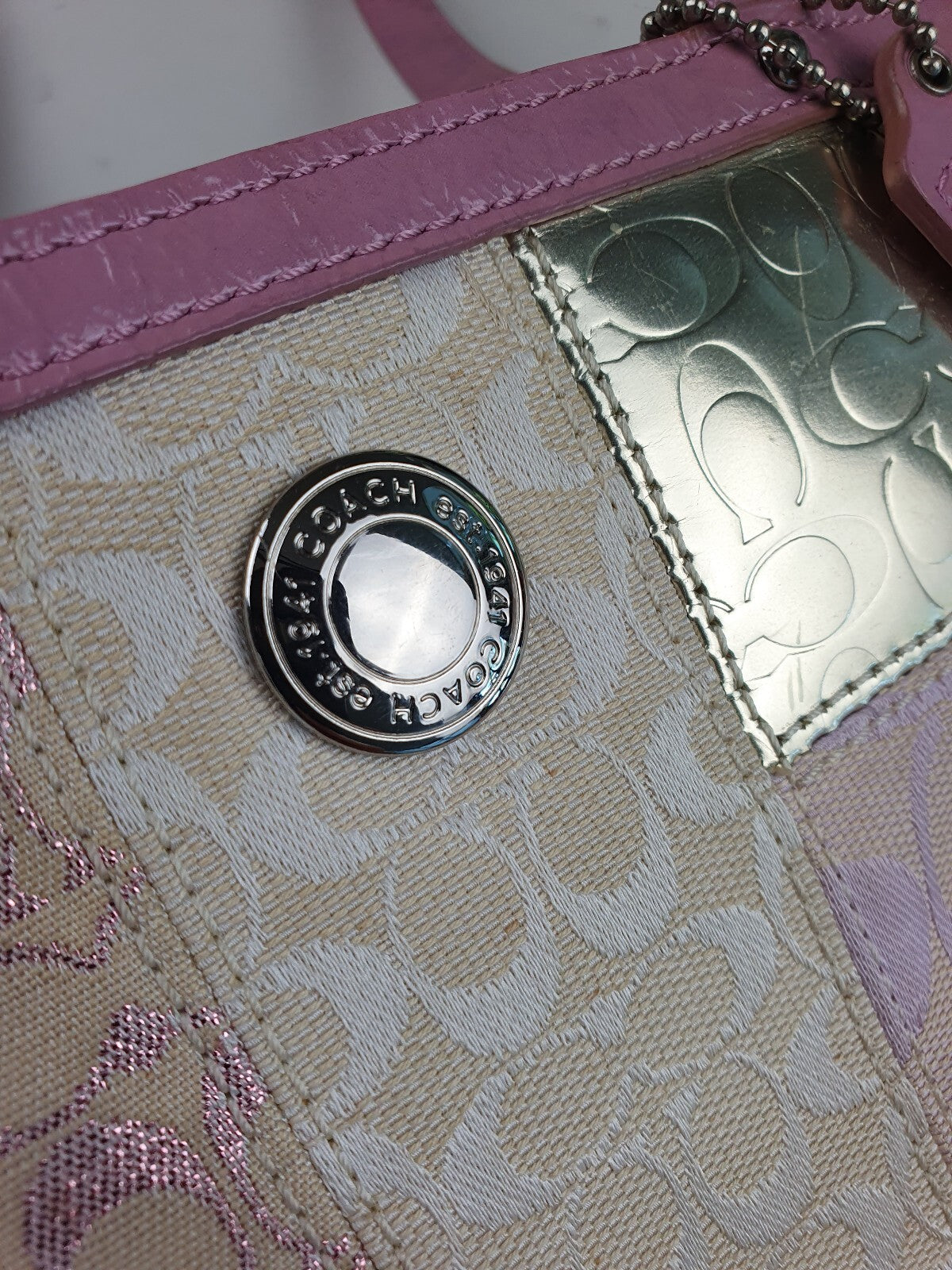 Coach Patchwork Signature Tote Bag in Pink and Beige