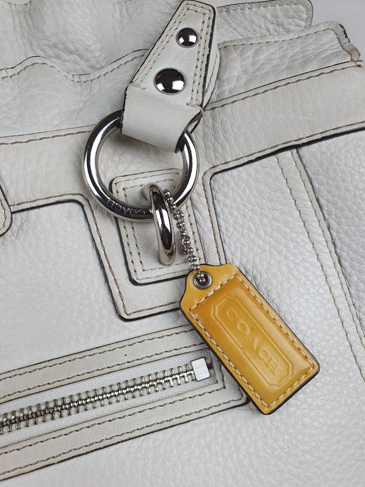Vintage White Leather Coach Shoulder Bag with Yellow Tag