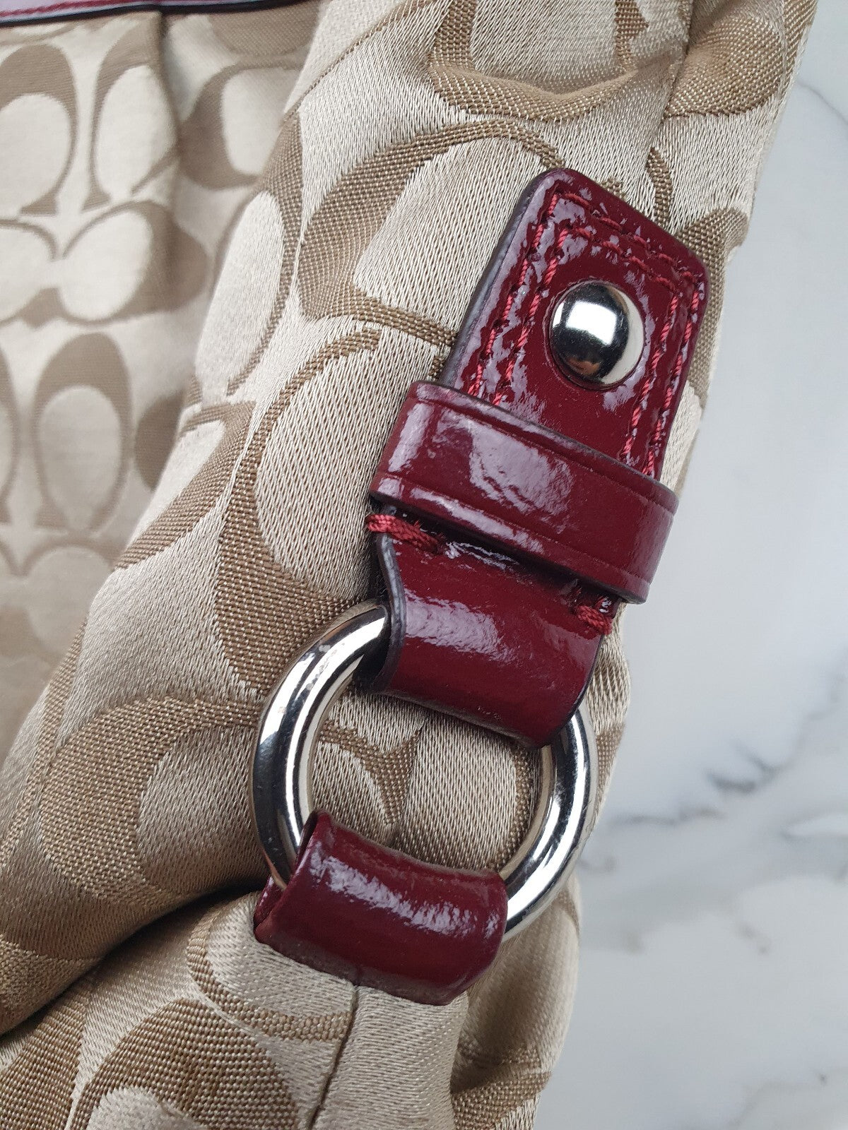 Coach Signature Canvas Tote Bag with Burgundy Patent Leather Trim